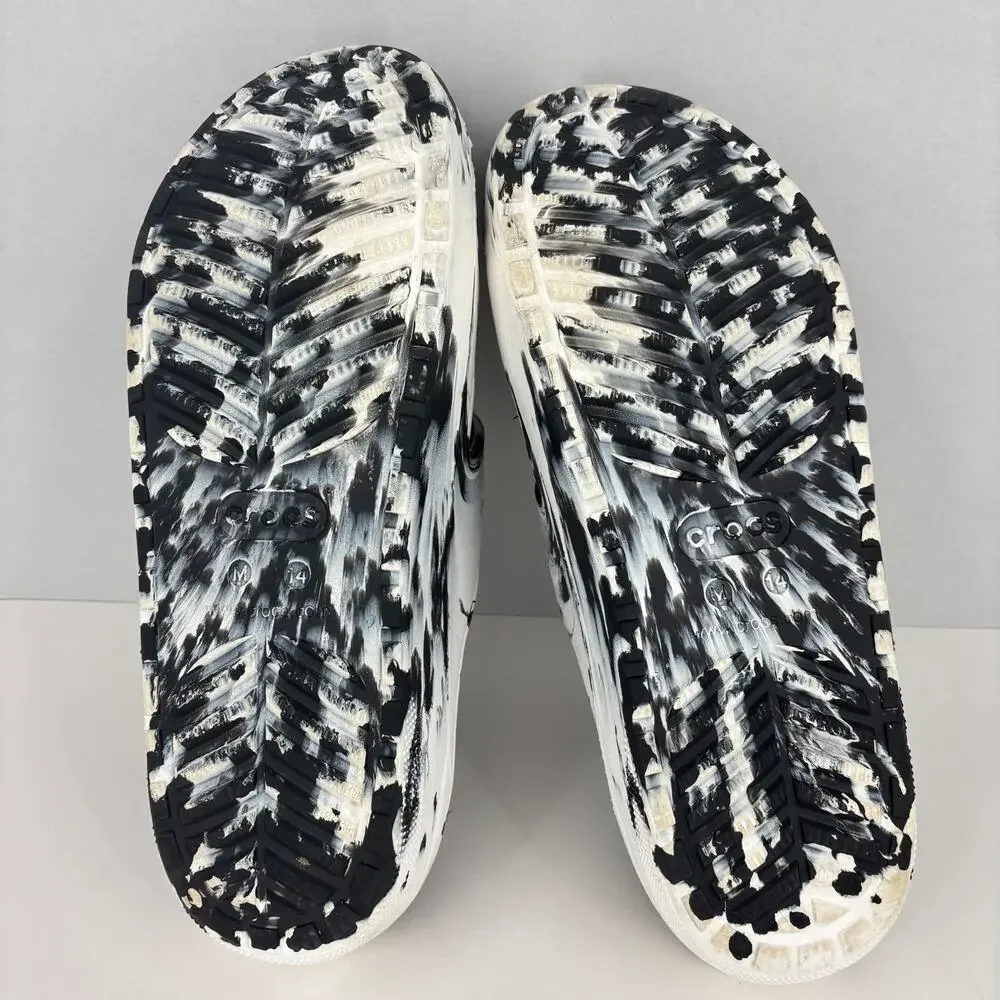 Crocs Classic Cozzzy Sandals Mens Size 14 Faux Fur Lined Black‎ White Marbled